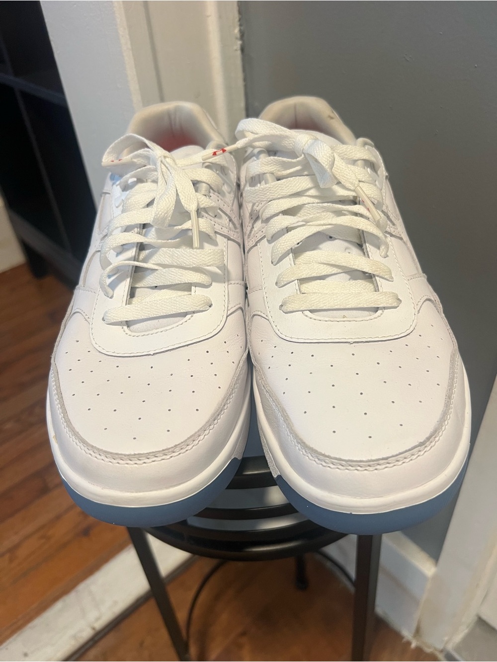 Under Armour Men's All-White Athletic Sneakers with Ice Blue Outsole new size 11
